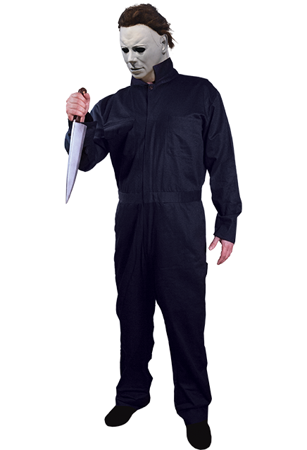 This is a Halloween 1978 Michael Myers blue coverall, with a white mask, knife and black boots.