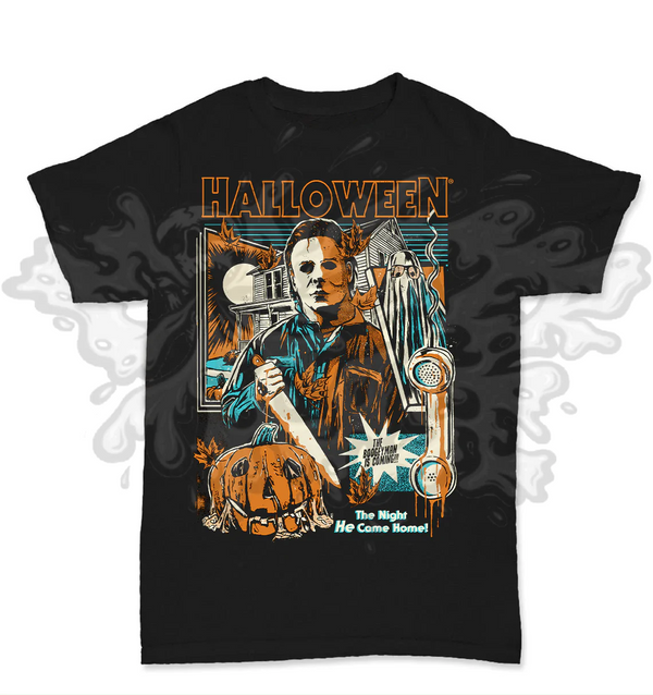 This is a black Halloween 1978 Michael Myers Tshirt and he has a white mask, blue coveralls, silver knife and there is a house, bloody phone and pumpkin