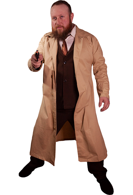 This a Halloween 1978 Samuel Loomis costume with a long and tan coat, brown sweater, dark pants, neck tie and black shoes.