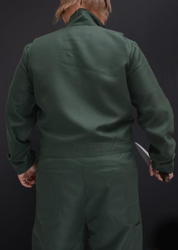 This is a Halloween II Michael Myers coveralls that are green with pockets and he is wearing a mask with brown hair and holding a knife