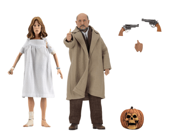 This is a Halloween 2 NECA action figure of Dr Samuel Loomis, who is wearing a tan coat and brown pants and Laurie Strode, who is wearing a hospital gown and they have guns and a pumpkin.