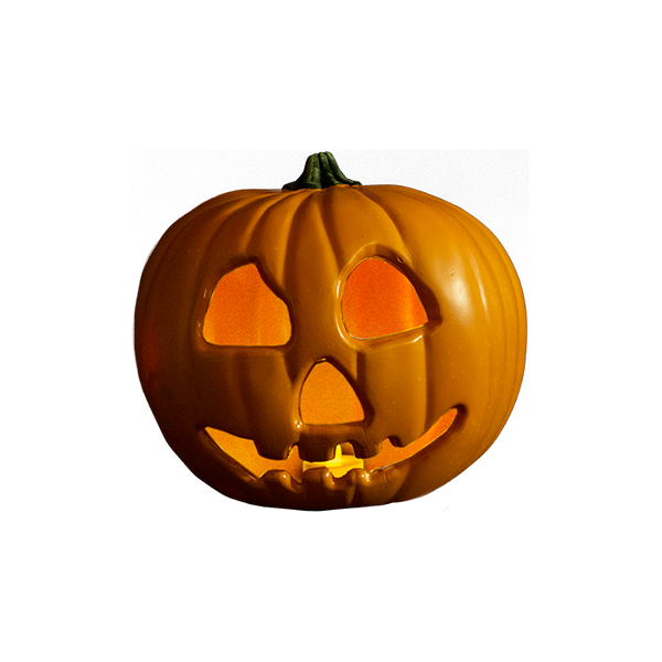 This is a Halloween 2 plastic light up pumpkin and it has eyes, a nose and a smile cut out.