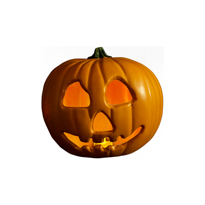 This is a Halloween 2 plastic light up pumpkin and it has eyes, a nose and a smile cut out.