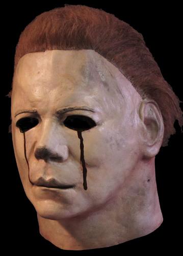 This is a Halloween 2 Michael Myers mask that is white, with brown hair and red blood tears.