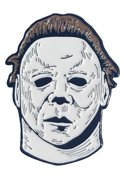 This is a Halloween II Michael Myers enamel pin that is a white face, brown hair and black eyes.