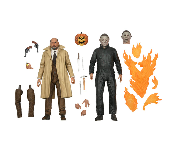 This is a NECA Halloween 2 Michael Myers and Loomis action figure set with a pumpkin, extra head, fire, hands, guns, knife, hammer and scalpel.