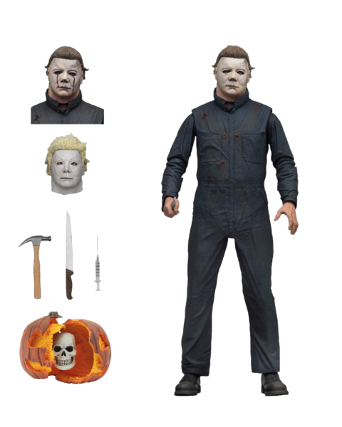 This is a Halloween II 1981 Michael Myers NECA action figure and includes 3 head with Ben Tramer, a hammer, knife syringe and has a pumpkin that opens.