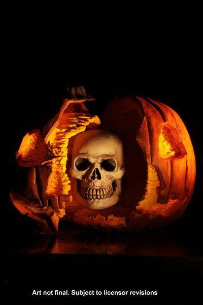This is a Halloween II Michael Myers NECA action figure and there is an orange pumpkin with a smile carved into it, that opens and has a skull inside.
