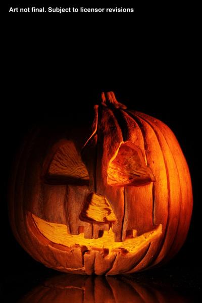This is a Halloween II Michael Myers NECA action figure and there is an orange pumpkin with a smile carved into it.