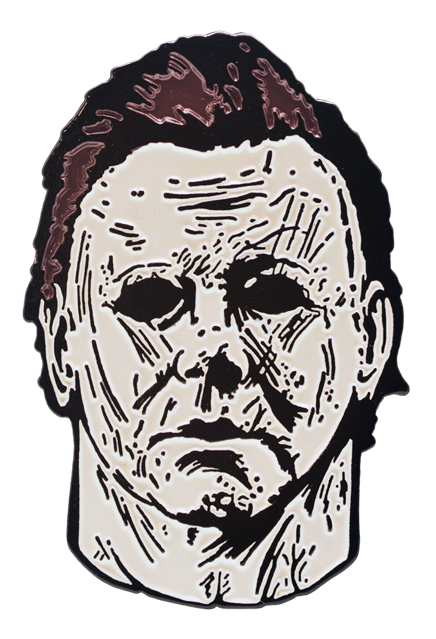 This is a Michael Myers enamel pin from Halloween 2018 and he has a white mask with brown hair and black eyes.