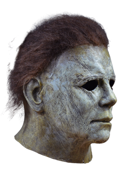 This is a Halloween 2018 Michael Myers mask that is a grey face, neck and ear and is weathered and has brown hair and black eyes.