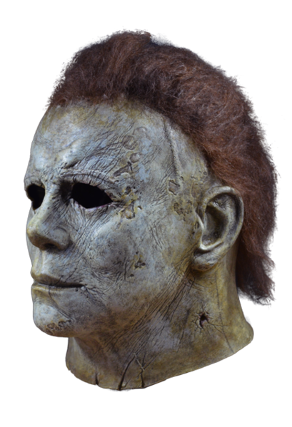 This is a Halloween 2018 Michael Myers mask that is a weathered grey face, neck and ear and has brown hair and black eyes.