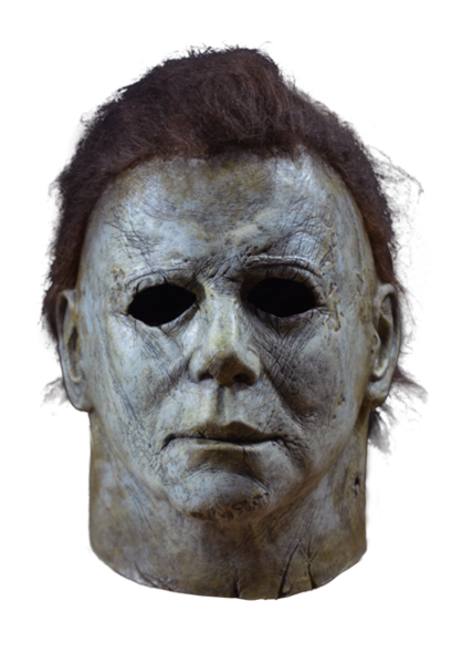 This is a Halloween 2018 Michael Myers mask that is grey and weathered and has brown hair and black eyes.