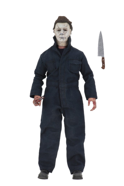 This is a NECA 8" clothed action figure from Halloween 2018 of Michael Myers, who is wearing a grey mask, grey coveralls and has a knife.