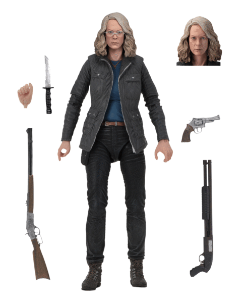 This is a HALLOWEEN 2018 NECA 7" Scale Action Figure Ultimate Laurie Strode that includes a head, knife, gun, 2 rifles and a hand.