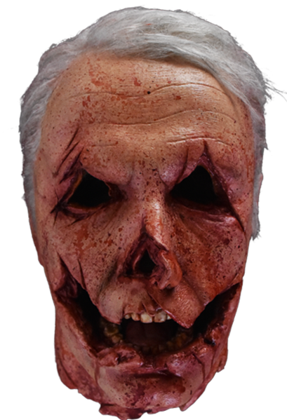 This is a Halloween 2018 Officer Francis severed head foam prop and he has grey hair, gauged out eyes, a cut mouth, nose cut off and white teeth.