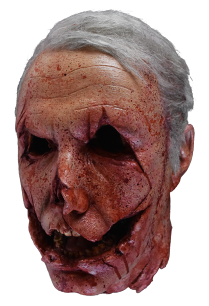This is a Halloween 2018 Officer Francis severed head foam prop and he has grey hair, gauged out eyes, a cut mouth, nose cut off and white teeth.