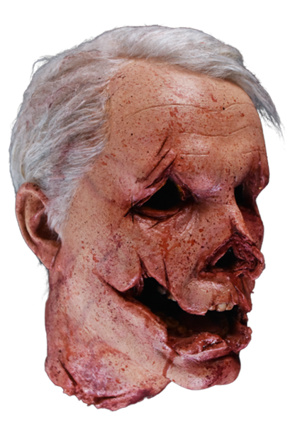 This is a Halloween 2018 Officer Francis severed head foam prop and he has grey hair, gauged out eyes, a cut mouth, nose cut off and white teeth.