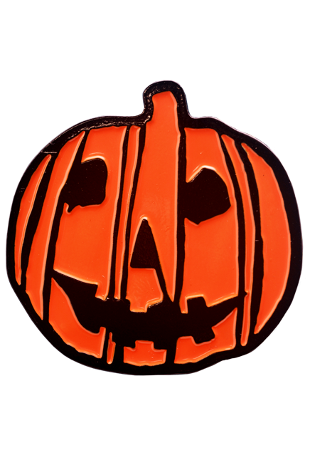 This is a pumpkin enamel pin from HALLOWEEN 2018 and it is orange with black lines, black eyes and a black smile. 