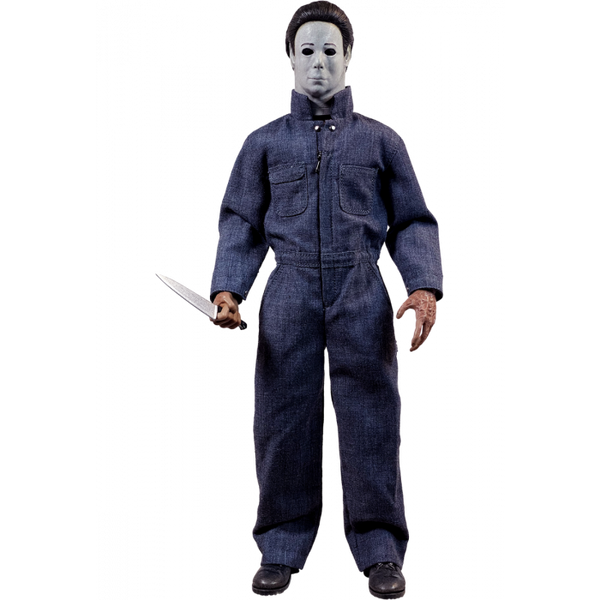 This is a Halloween 4 Return of Michael Myers Trick Or Treat Action Figure and he has a white mask, blue coveralls and a silver knife.