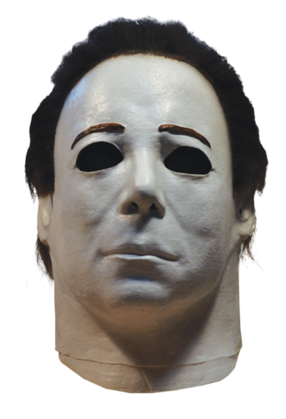 This is a Halloween 4 Return of Michael Myers mask that has a white face and neck, with dark brown hair and black eyes.