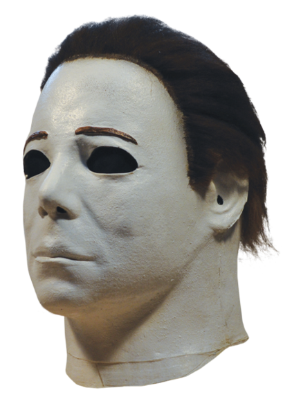 This is a Halloween 4 Return of Michael Myers mask that has a white face, ears and neck, with dark brown hair and black eyes.