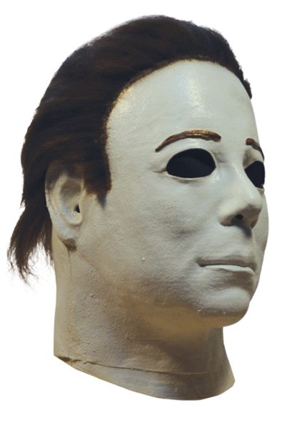 This is a Halloween 4 Return of Michael Myers mask that has a white face, ears, cheeks and neck, with dark brown hair and black eyes.