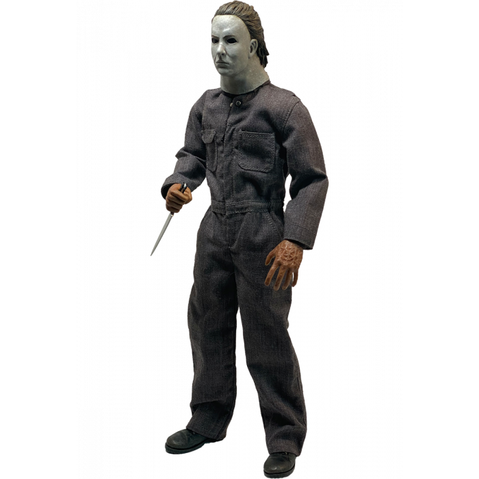 This is a Halloween 5 Revenge of Michael Myers Trick Or Treat Action Figure and he has a white mask, grey coveralls, black boots and a silver knife.  