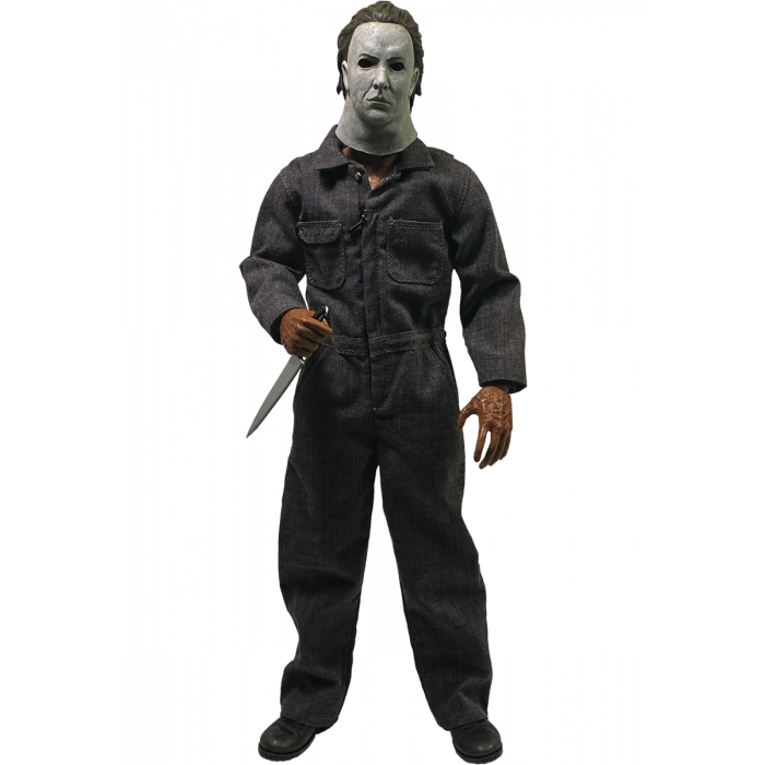 This is a Halloween 5 Revenge of Michael Myers Trick Or Treat Action Figure and he has a white mask, grey coveralls and a silver knife.  