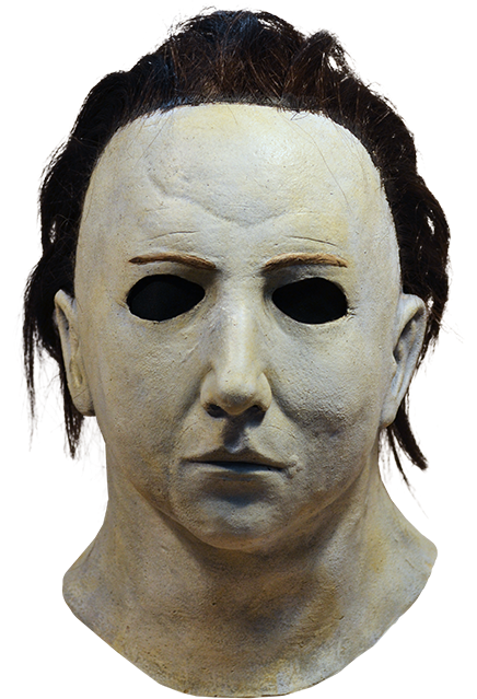 This is a Halloween 5 Revenge of Michael Myers mask that is white with dark brown hair and black eyes.
