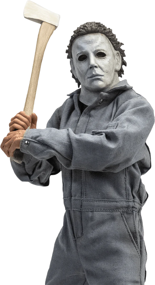 This is a Halloween 6 Curse of Michael Myers 12' action figure set and he is wearing a white mask with brown hair and grey coveralls and he is holding an axe with a brown handle
