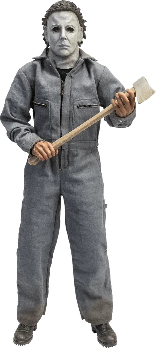 This is a Halloween 6 Curse of Michael Myers 12' action figure set and he is wearing a white mask with brown hair and grey coveralls, black boots and he is holding an axe with a brown handle