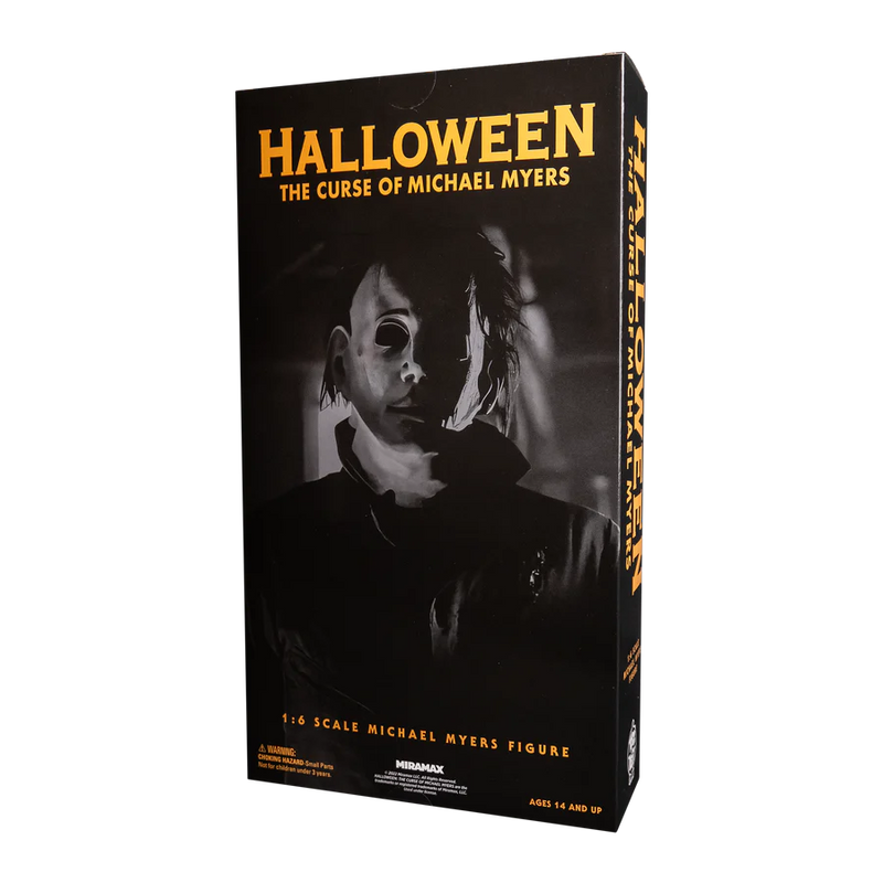 This is a Halloween 6 Curse of Michael Myers 12' action figure box that is black with orange letters and the art is a mask and coveralls and the box says it is 1:6 scale