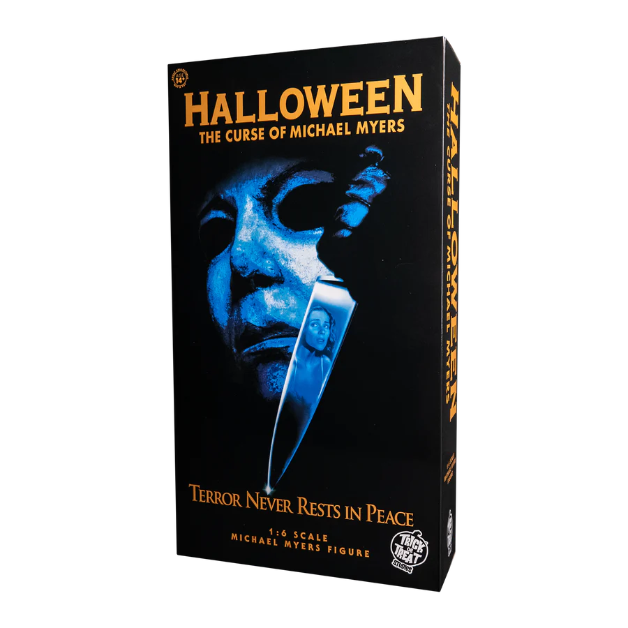 This is a Halloween 6 Curse of Michael Myers 12' action figure box that is black with orange letters and the poster art is a mask holding a knife that has the reflection of a girl in it