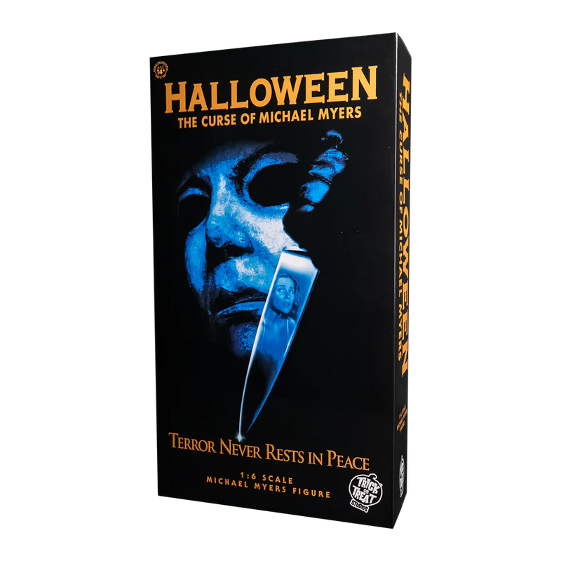 This is a Halloween 6 Curse of Michael Myers 12' action figure box that is black with orange letters and the poster art is a mask holding a knife that has the reflection of a girl in it
