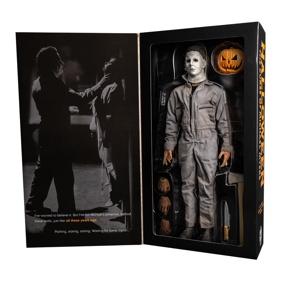 This is a Halloween 6 Curse of Michael Myers 12' action figure box that is black with orange letters and the inside is Michael holding up a girl by the neck 