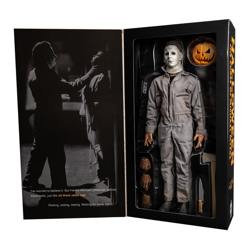This is a Halloween 6 Curse of Michael Myers 12' action figure box that is black with orange letters and the inside is Michael holding up a girl by the neck 