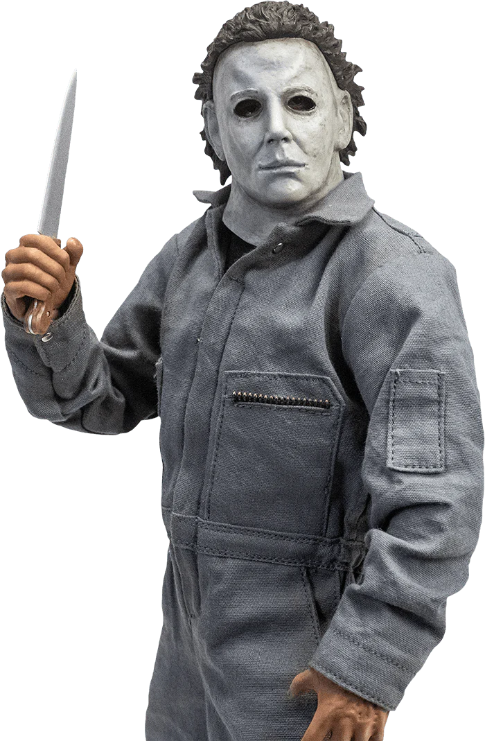 This is a Halloween 6 Curse of Michael Myers 12' action figure set and he is wearing a white mask with brown hair and grey coveralls and he is holding a knife with a brown handle