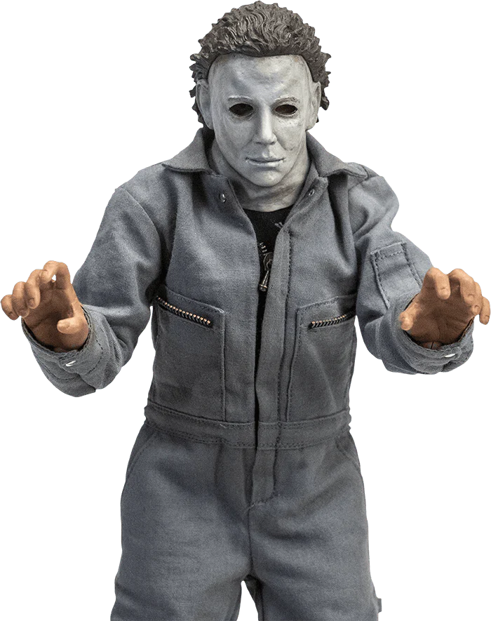 This is a Halloween 6 Curse of Michael Myers 12' action figure set and he is wearing a white mask with brown hair and grey coveralls