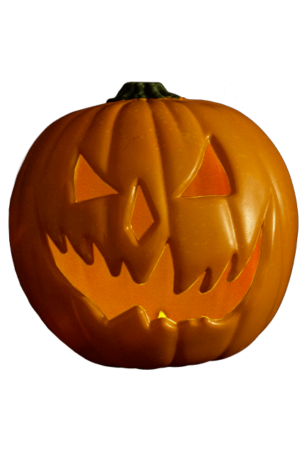 This is a Halloween 6 Curse of Michael Myers pumpkin prop and it is orange with a green stem and the face is mean with pointy sharp teeth.