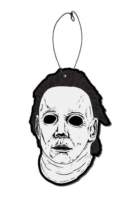 This is a Halloween 6 Curse of Michael Myers air freshener of a white face with brown hair and black eyes and it has a plastic hanger.