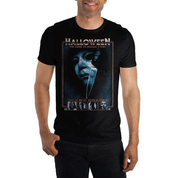 This is a Halloween 6 Curse of Michael Myers Tshirt that is black and has a white face with a shiny silver knife on it.
