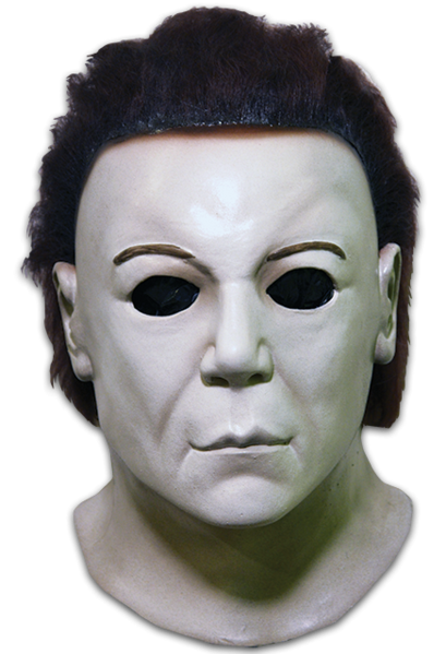 This is a Halloween 8 Resurrection Michael Myers mask that is a white face, brown hair and black eyes.