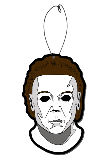 This is a Michael Myers Halloween 8 Resurrection air freshener that is a white face, brown hair, black eyes and a plastic hanger.