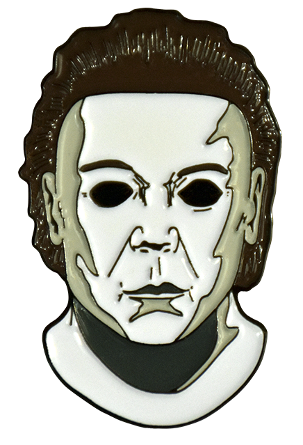 This is a Michael Myers pin from Halloween 8 Resurrection and it is a white face with brown hair and black eyes.