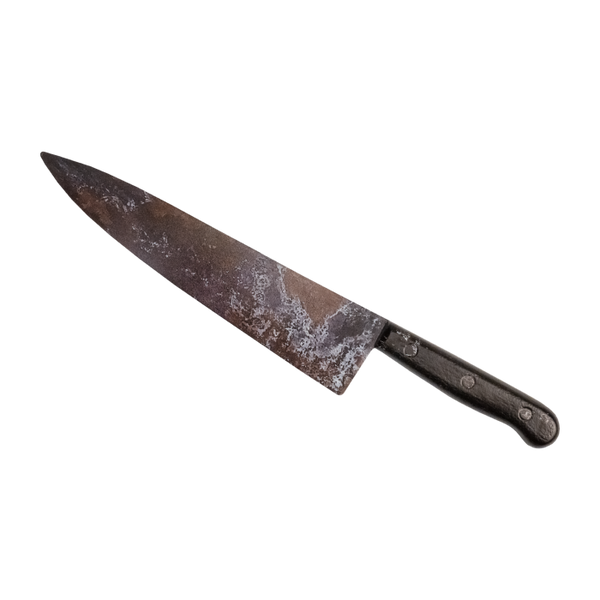 This is a Halloween Ends knife movie prop and it has a burnt silver blade