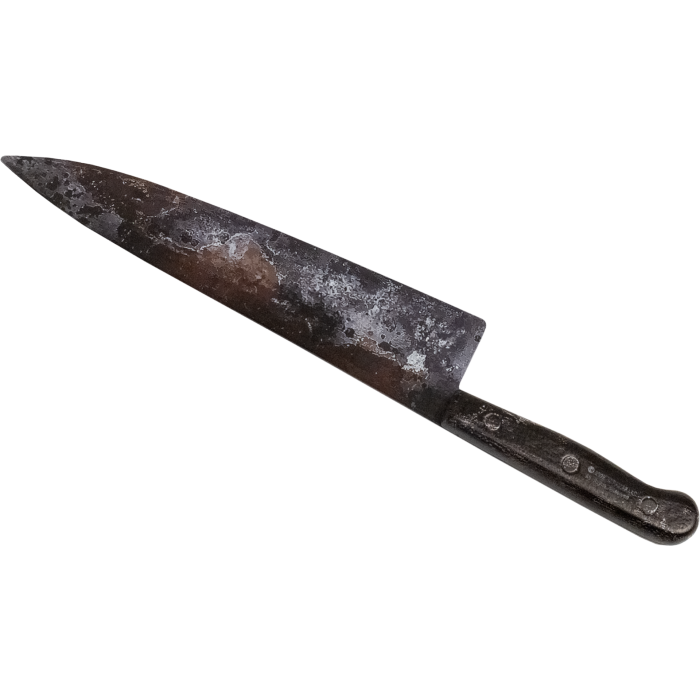 This is a Halloween Ends knife movie prop and it has a burnt silver blade and burnt black handle