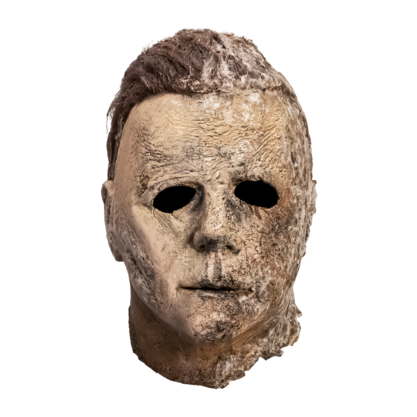 This is a Halloween Ends Michael Myers mask with brown hair and cut out eyes.