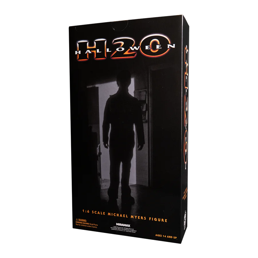 This is a Halloween H20 Michael Myers 12' action figure box that is black with orange letters and they say 1:6 scale