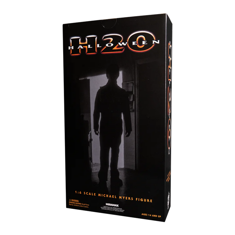 This is a Halloween H20 Michael Myers 12' action figure box that is black with orange letters and they say 1:6 scale